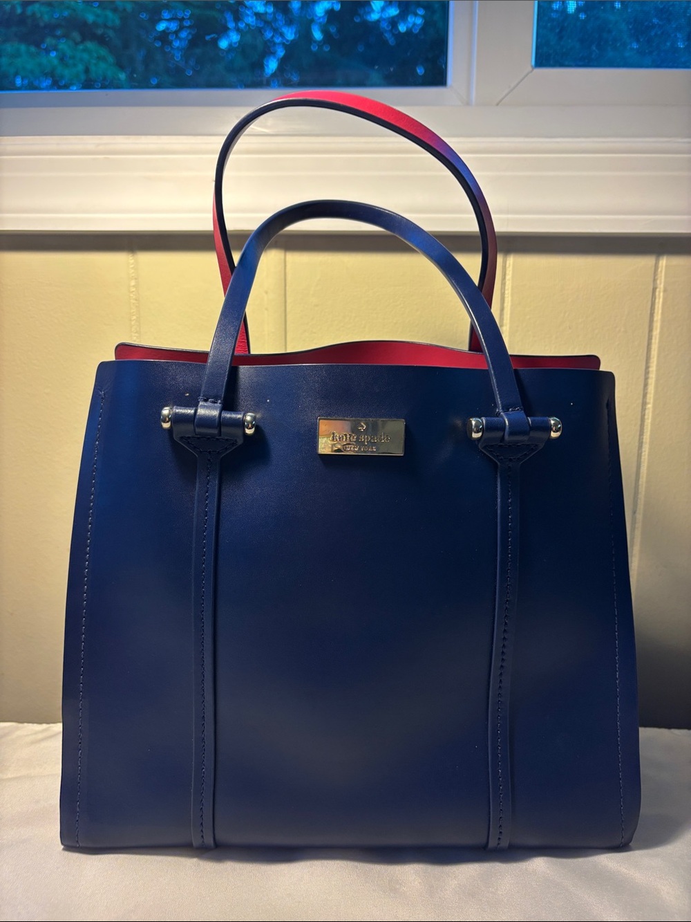 EUC Kate Spade Arbour Hill Small Elodie Leather Satchel Tote Navy Fuchsia